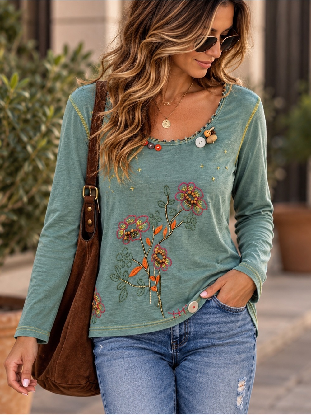 Mix Nouveau New York Medium Sage Green Embroidered Beaded Cotton Top